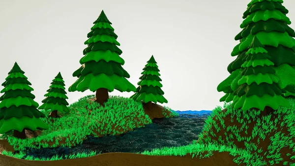 stylized three-dimensional models of fir trees with a forest pon