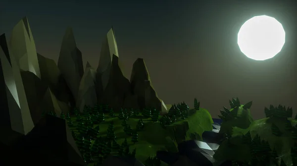 Νύχτα χαμηλό πολυ τοπίο με βράχια και δάσος. 3D απόδοση Εικόνα Αρχείου