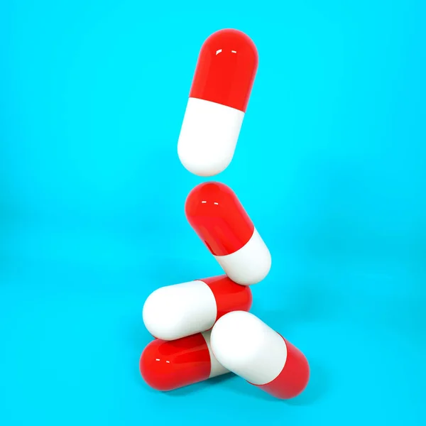Tredimensionella röda vita tabletter i form av kapslar på en — Stockfoto