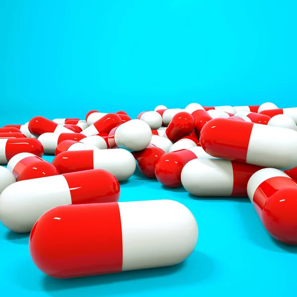 Three-dimensional red-white tablets in the form of capsules on a — Stock Photo, Image