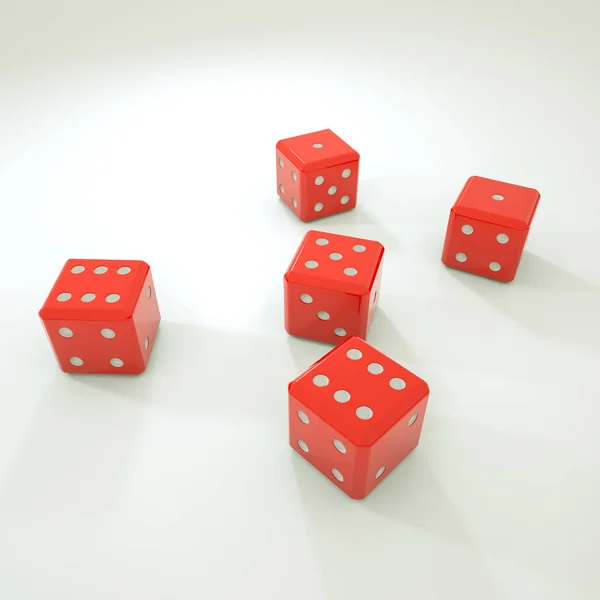 Cinco cubos de jogo tridimensionais sobre um fundo branco. Rend 3d — Fotografia de Stock