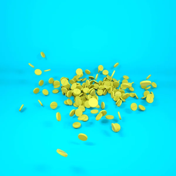Pílulas redondas amarelas tridimensionais em um fundo turquesa . — Fotografia de Stock