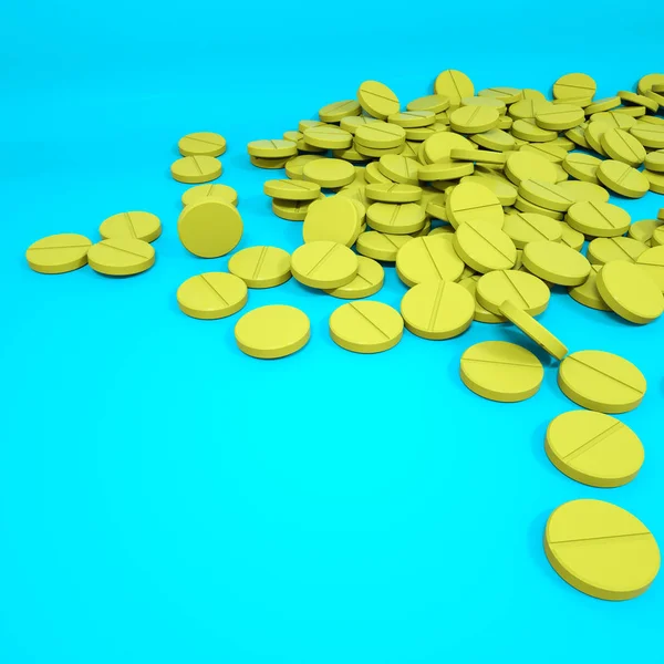 Τρία-διαστατικά κίτρινα στρογγυλά χάπια σε τιρκουάζ φόντο. — Φωτογραφία Αρχείου