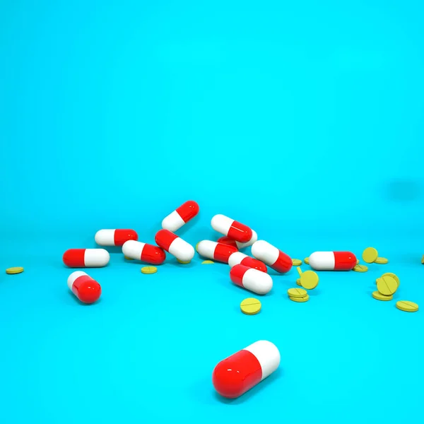 Comprimidos tridimensionales de color rojo-blanco en forma de cápsulas y — Foto de Stock