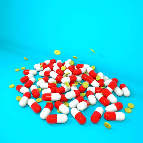 Three-dimensional red-white tablets in the form of capsules and — Stock Photo, Image