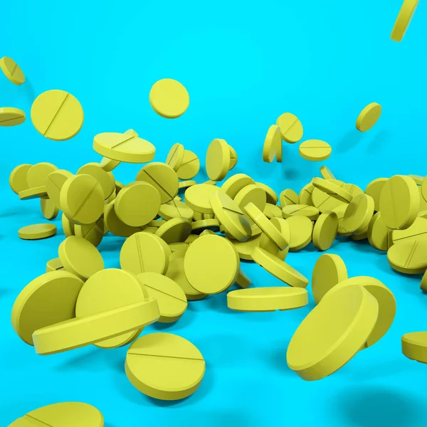 Three-dimensional yellow round pills on a turquoise background. — Stock Photo, Image