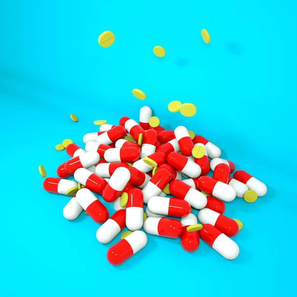 Three-dimensional red-white tablets in the form of capsules and — Stock Photo, Image