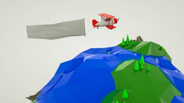 Boş bir afiş ile üç boyutlu stilize çift kanatlı ove uçar