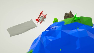 Boş bir afiş ile üç boyutlu stilize çift kanatlı ove uçar