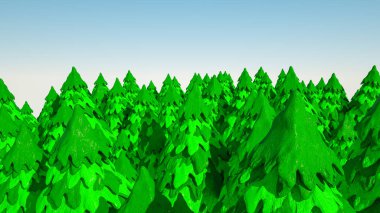 Üç boyutlu stilize köknar ağaçlarının ormanı. 3d render hasta