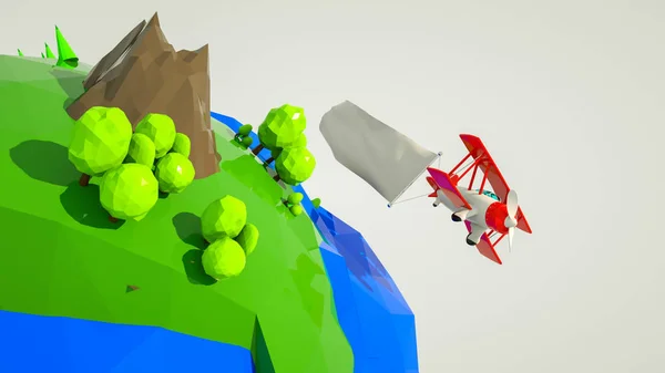 Driedimensionaal gestileerde tweedekker met een lege banner vliegt Ove — Stockfoto