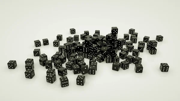 Beyaz bir backgr üzerinde siyah üç boyutlu oyun küpleri bir sürü — Stok fotoğraf