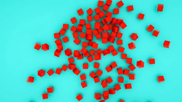 Mnoho červených kostek na tyrkysovém pozadí. 3D vykreslování ilustrace — Stock fotografie