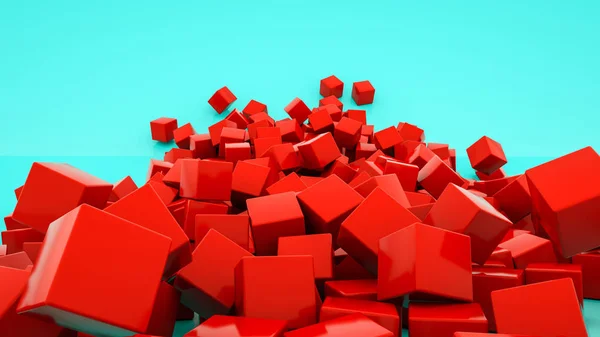 many red cubes on a turquoise background. 3d rendering illustrat