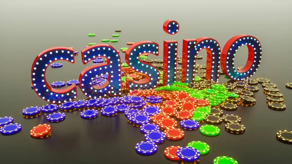 Spelchips en het woord casino. 3d weergave illustratie — Stockfoto