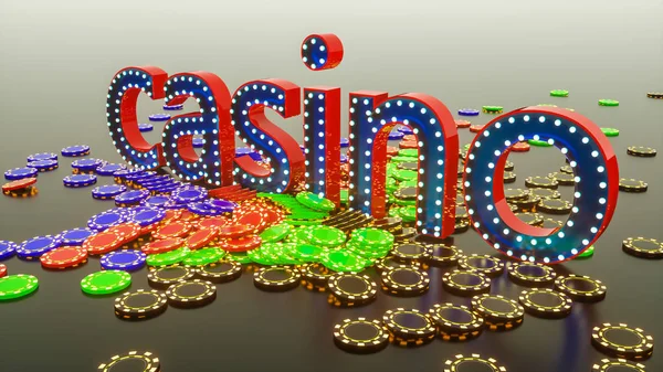 Spelchips en het woord casino. 3d weergave illustratie — Stockfoto