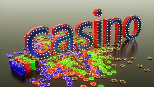 Spelchips en het woord casino. 3d weergave illustratie — Stockfoto