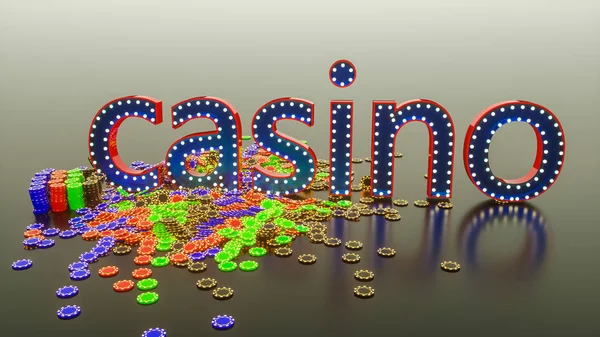 Fichas de juego y la palabra casino. Ilustración de representación 3d —  Fotos de Stock