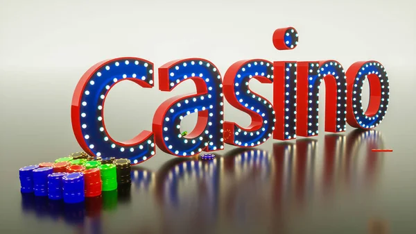 Spelchips en het woord casino. 3d weergave illustratie — Stockfoto