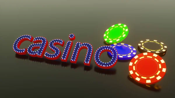 Spielchips und das Wort Casino. 3D-Darstellung — Stockfoto