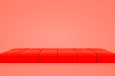 Kırmızı zemin üzerinde üç boyutlu stand podyumu. 3d resimleme