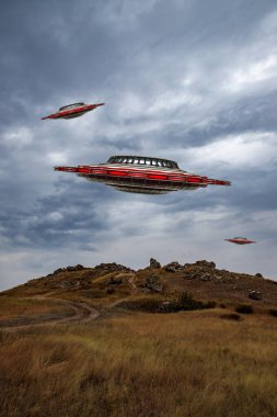 Tanımlanamayan uçan daireleri olan bir manzara. Gökyüzündeki bir UFO 'nun 3D modeli. resimleme