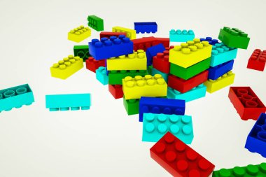 Beyaz arka planda, çocuk inşaatçısının çok renkli üç boyutlu parçaları var. 3d resimleme
