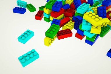 Beyaz arka planda, çocuk inşaatçısının çok renkli üç boyutlu parçaları var. 3d resimleme