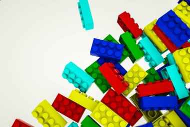 Beyaz arka planda, çocuk inşaatçısının çok renkli üç boyutlu parçaları var. 3d resimleme