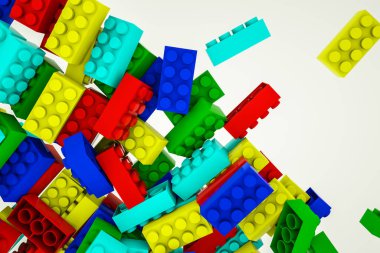 Beyaz arka planda, çocuk inşaatçısının çok renkli üç boyutlu parçaları var. 3d resimleme