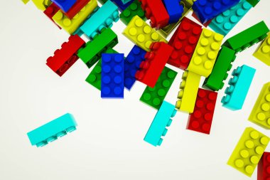 Beyaz arka planda, çocuk inşaatçısının çok renkli üç boyutlu parçaları var. 3d resimleme