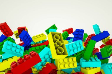 Beyaz arka planda, çocuk inşaatçısının çok renkli üç boyutlu parçaları var. 3d resimleme