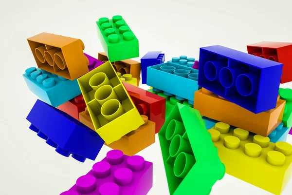 multicolored three-dimensional parts of the children\'s constructor on a white background. 3d render illustration