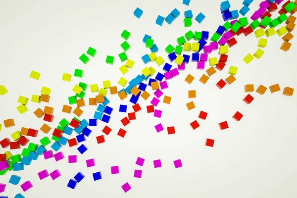 Cubos Tridimensionais Multicoloridos Espalhados Fundo Branco Renderizar Ilustração — Fotografia de Stock