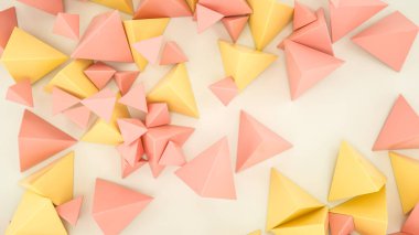 bej ve turuncu piramitler beyaz arka plana saçılmıştır. Soyut arkaplan. 3d resimleme