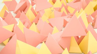 bej ve turuncu piramitler beyaz arka plana saçılmıştır. Soyut arkaplan. 3d resimleme