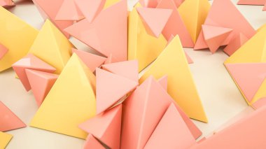 bej ve turuncu piramitler beyaz arka plana saçılmıştır. Soyut arkaplan. 3d resimleme