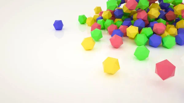 Poliedros Tridimensionais Multicoloridos São Espalhados Sobre Fundo Branco Renderizar Ilustração — Fotografia de Stock