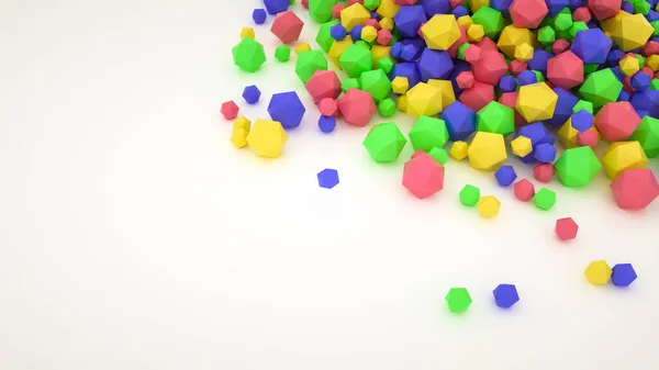 Poliedros Tridimensionais Multicoloridos São Espalhados Sobre Fundo Branco Renderizar Ilustração — Fotografia de Stock