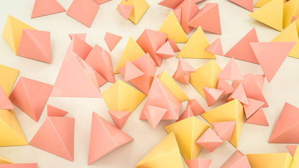 бежевые и оранжевые пирамиды разбросаны на белом фоне. абстрактный фон. Трехмерная иллюстрация