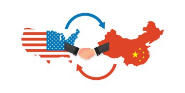 İki iş adamları el sıkışma sonra iyi bir anlaşma. Bize Amerika ve Çin bayrakları harita üzerinde. Çin ve ABD ticari ilişkiler, işbirliği stratejisi.