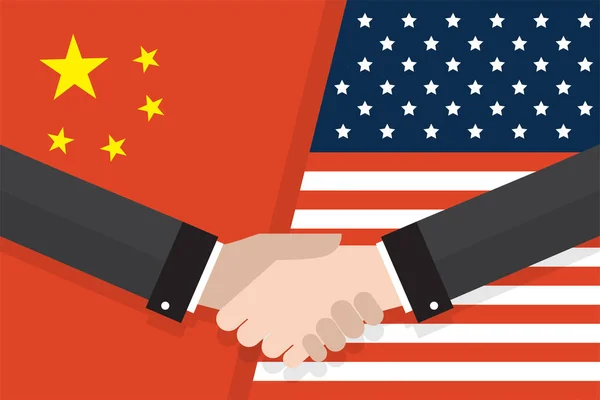 Dwa biznesmeni uzgadniania po sporo przed amerykańskie i chińskie flagi. dwie flagi twarzą w twarz, symbol dla relacji między dwoma krajami. ilustracja wektorowa — Wektor stockowy