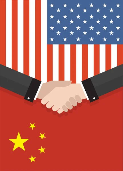 Двое бизнесменов пожали друг другу руки после выгодной сделки под американским и китайским флагом. два флага лицом к лицу, символ отношений между двумя странами . — стоковый вектор