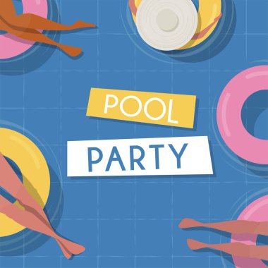 Havuz parti davet şablonu. Üstten görünüm havuzu arka plan. insanlar havuz rahatlatıcı. Yaz su aktiviteleri. Vektör afiş, poster illüstrasyon tasarımı