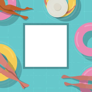 Üstten görünüm havuzu arka plan. insanlar havuz rahatlatıcı. Yaz su aktiviteleri. Vektör afiş, poster illüstrasyon tasarımı