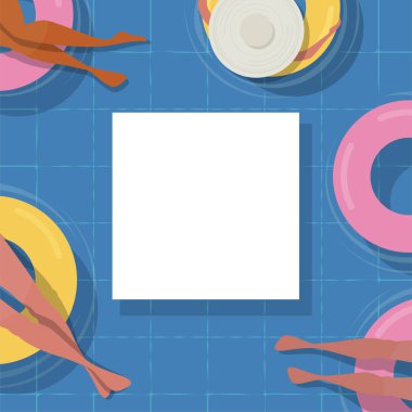 Üstten görünüm havuzu arka plan. insanlar havuz rahatlatıcı. Yaz su aktiviteleri. Vektör afiş, poster illüstrasyon tasarımı