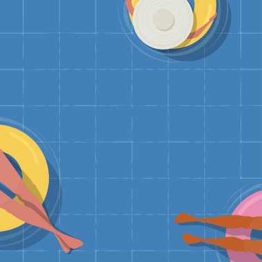 Üstten görünüm havuzu arka plan. insanlar havuz rahatlatıcı. Yaz su aktiviteleri. Vektör afiş, poster illüstrasyon tasarımı