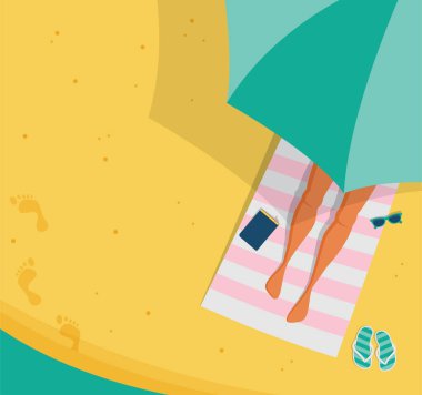 Üstten görünüm plaj arka plan, yaz su aktiviteleri. Kadınlara plaj rahatlatıcı. Vektör afiş, poster tasarımı