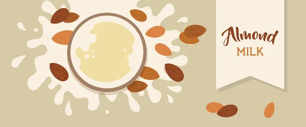 Almond milk splashing effect with almond set. — Stock Vector