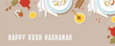 Rosh Hashanah, Yahudi yeni yılı, geleneksel semboller ile akşam yemeği için geleneksel tablo. vektör çizim şablon banner tasarımı